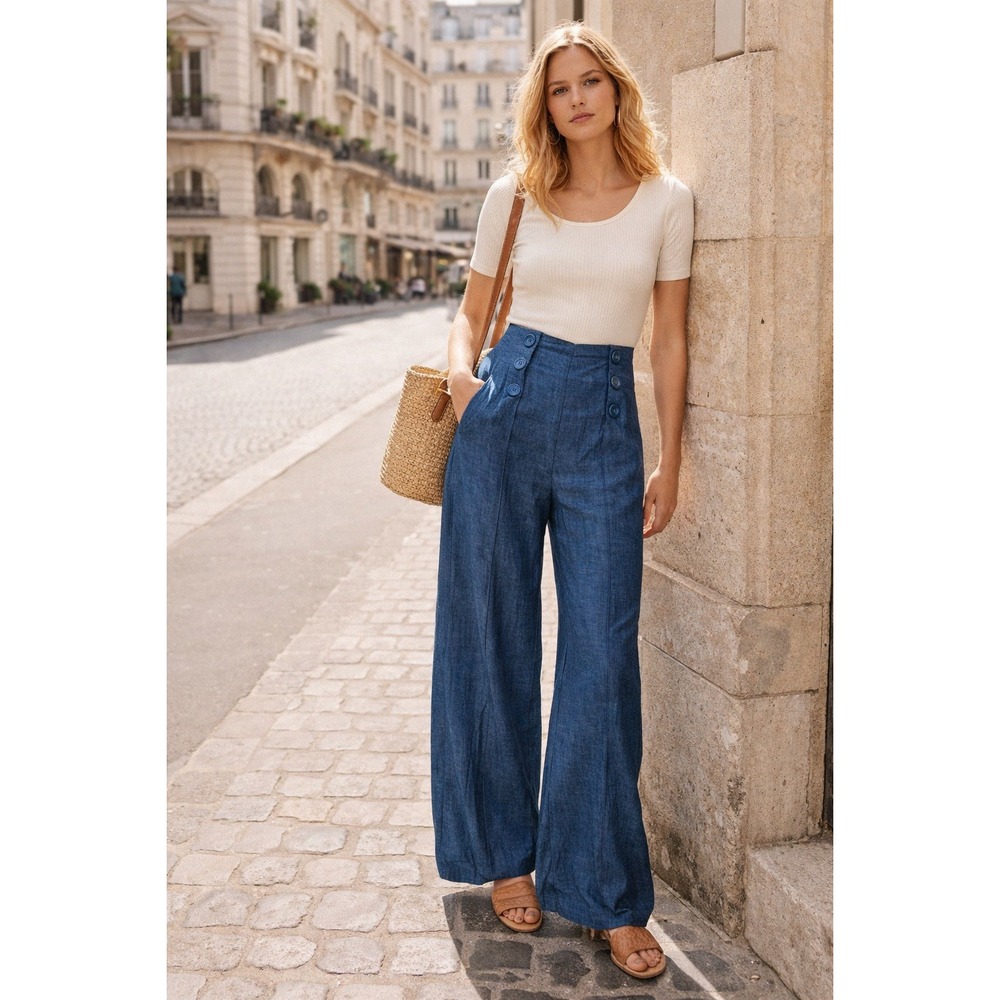 De Castro Designer Blue Marine Trousers Linen Sailor High Waist Wide Leg Small‎